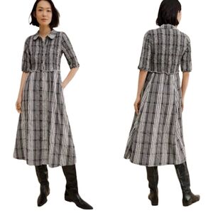 Anthropologie Maeve Dress Short-Sleeve Smocked Midi Shirtdress Black White